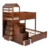 Stairway Twin Over Full Bunk Bed;  House Bed with Two Shelves and Seven Drawers - Walnut