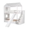 Twin over Twin House Bunk Bed with Trundle and Slide ; Storage Staircase; Roof and Window Design - White