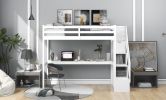 Twin Size Loft Bed with Staircase and Built-in Desk  - White