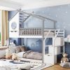 Twin Bunk Bed; House Bed; Storage and Guard Rail - Gray