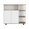 Paprika Kitchen Cart; Four Casters ; Four Open Shelves; Double Door Cabinet -Light Oak / White - as Pic