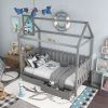 Twin Size House Bed with drawers, Fence-shaped Guardrail, Gray - Gray