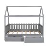 Twin Size House Bed with drawers, Fence-shaped Guardrail, Gray - Gray