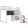 Twin Size Loft Bed with Pullable Desk and Storage Shelves; Staircase and Blackboard - White