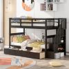 Stairway Twin-Over-Twin Bunk Bed with Three Drawers for Bedroom, Dorm - Gray - Espresso