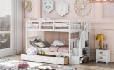 Stairway Twin-Over-Twin Bunk Bed with Three Drawers for Bedroom, Dorm - Gray - White