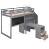 Twin Size Loft Bed with Pullable Desk and Storage Shelves; Staircase and Blackboard - Gray