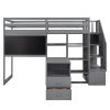 Twin Size Loft Bed with Pullable Desk and Storage Shelves; Staircase and Blackboard - Gray