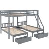 Full Over Twin & Twin Bunk Bed, Wood Triple Bunk Bed with Drawers and Guardrails - Gray