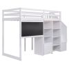 Twin Size Loft Bed with Pullable Desk and Storage Shelves; Staircase and Blackboard - White